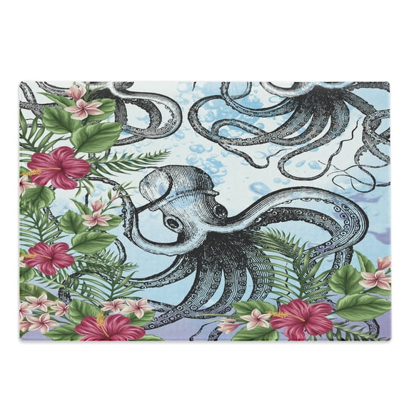 Exotic Cutting Board, Outline Octopus with Tropical Leaves Hibiscus and Plumeria Flowers Illustration, Decorative Tempered Glass Cutting and Serving Board, in 3 Sizes, by Ambesonne