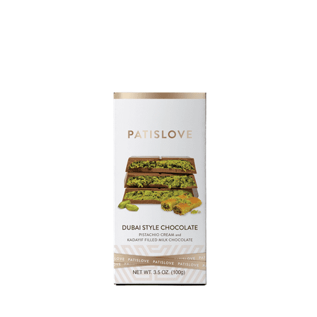 Patislove Dubai Style Milk Chocolate Bar with Pistachio Cream and Crispy Kadayif, 3.5oz