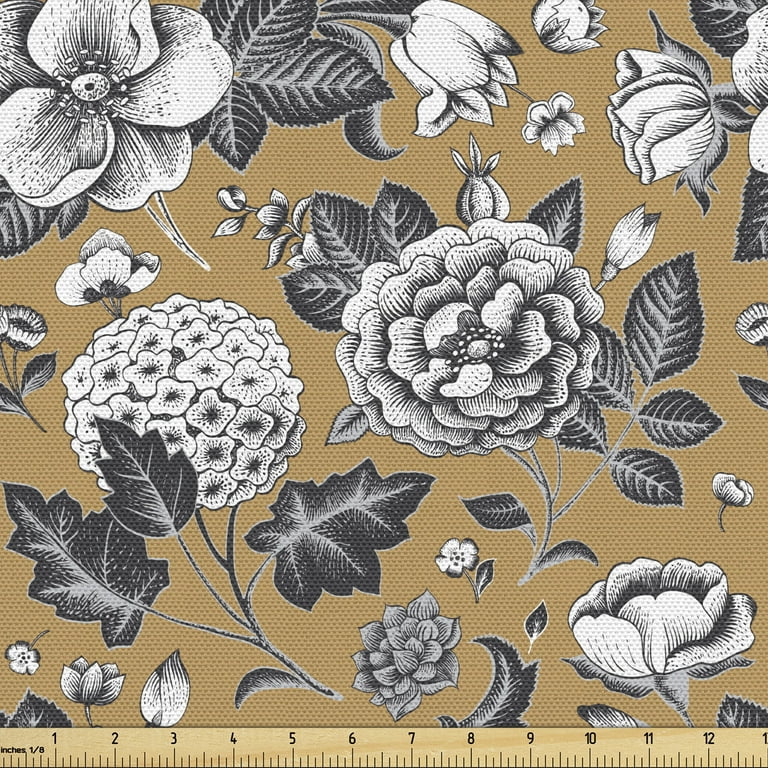 Floral Fabric by the Yard, Vintage Composition of Flowers and Leaves  Romantic Art Dog-rose Pattern, Decorative Upholstery Fabric for Chairs &  Home