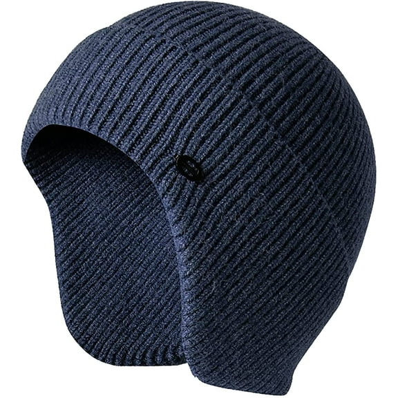 GRNSHTS Men Women Winter Knit Earflap Hat Warm Skull Cap Cuffed Beanie Hat for Outdoor Ski Hiking (Blue)