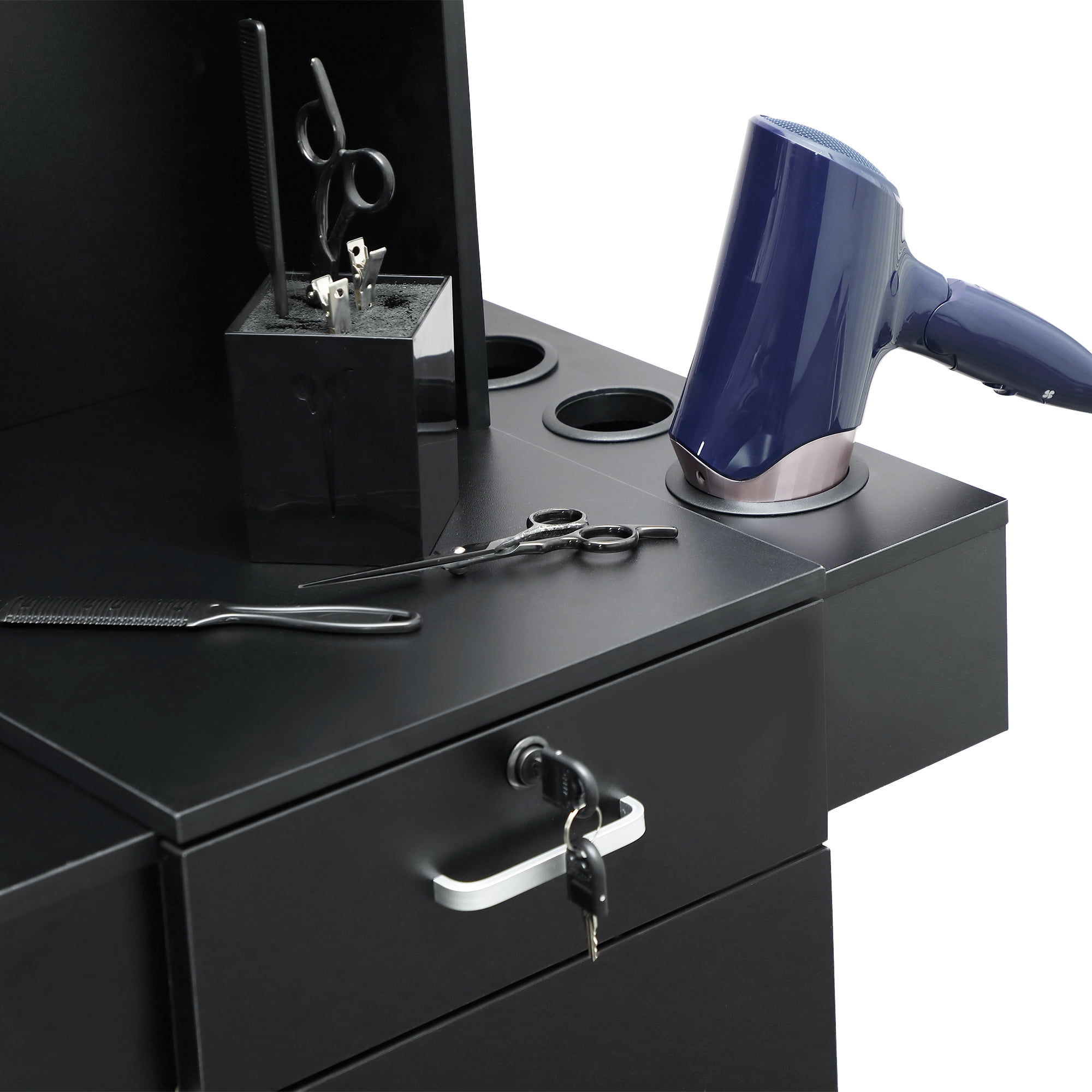 Spaco Classic Barber Station, Salon Station with Locking Drawer, Glass Door, Storage Cabinets, Dryer Holders, Wood Hair Styling Equipment, Black,