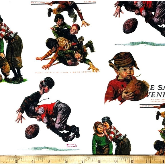 1/2 Yard - Norman Rockwell Football Boys Saturday Evening Post on White Cotton Fabric (Great for Quilting, Sewing, Craft Projects, Throw Pillows & More) 1/2 Yard X 44" Wide