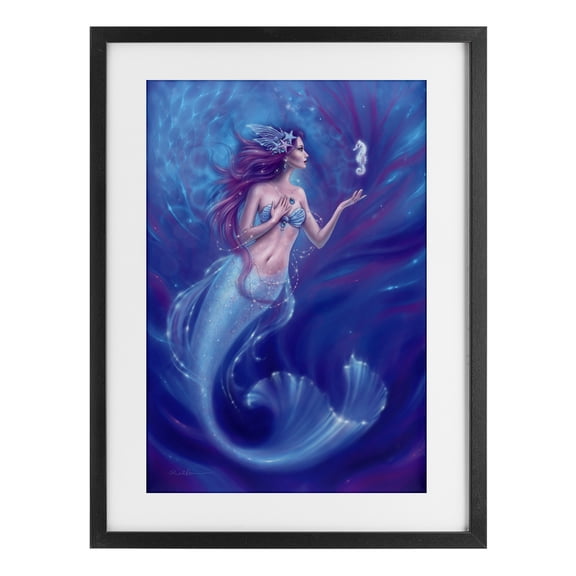 Jewel Bedecked Mermaid & Seahorse Black Framed Print Under Glass, design by Rachel Anderson