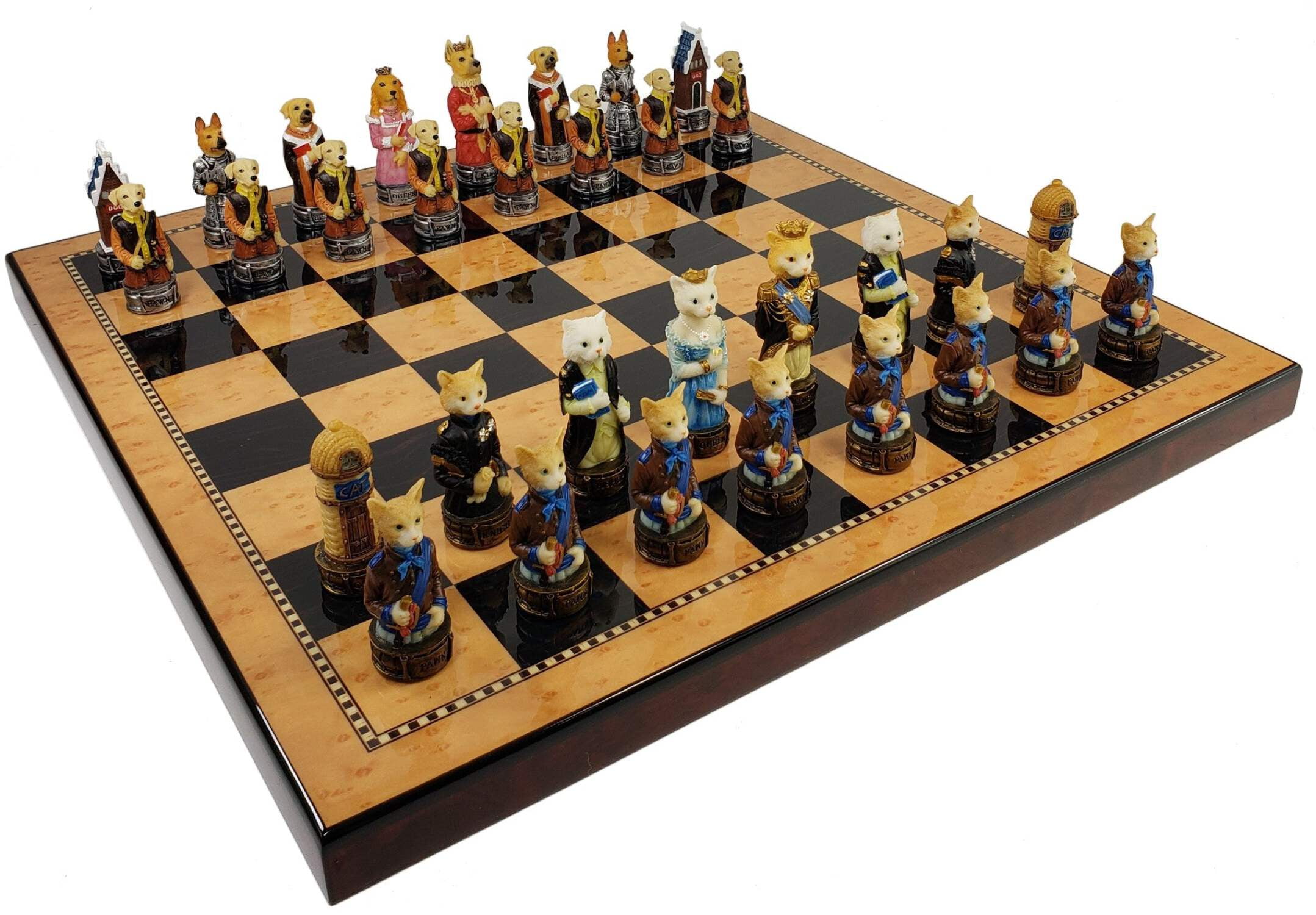 Royal Cats Vs Dogs Chess Chess Set W 18" Walnut Color Board
