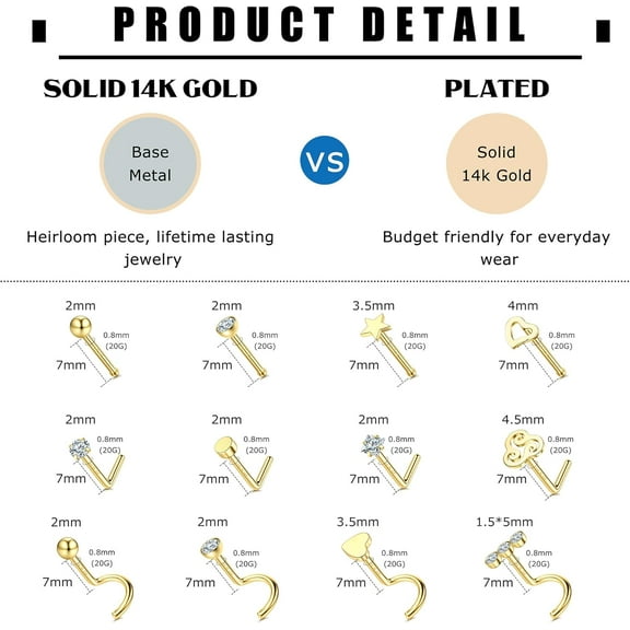 GHRTGR-14K Gold Filled 20G Nose Rings Gold Nose Studs L S I Shape CZ Hypoallergenic Stainless Steel Nose Piercing Jewelry Nose Rings Nose Studs Screw for Women Men Nostril Piercing Jewelry 12-15Pcs