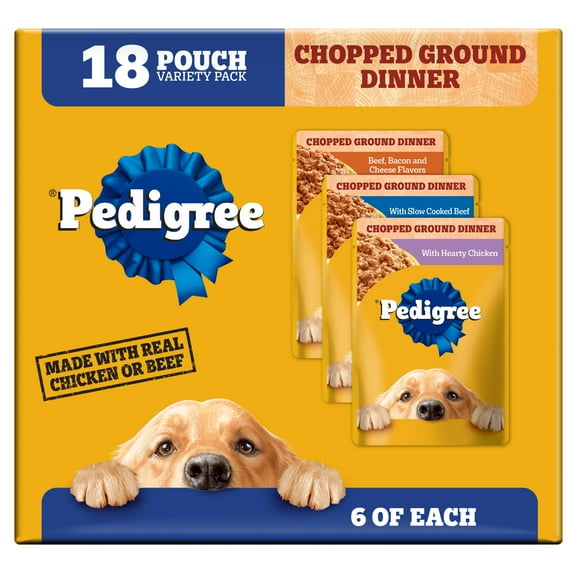 Pedigree Chopped Ground Dinner Cheese Variety Pack Adult Wet Dog Food, (18) 3.5 oz Pouches