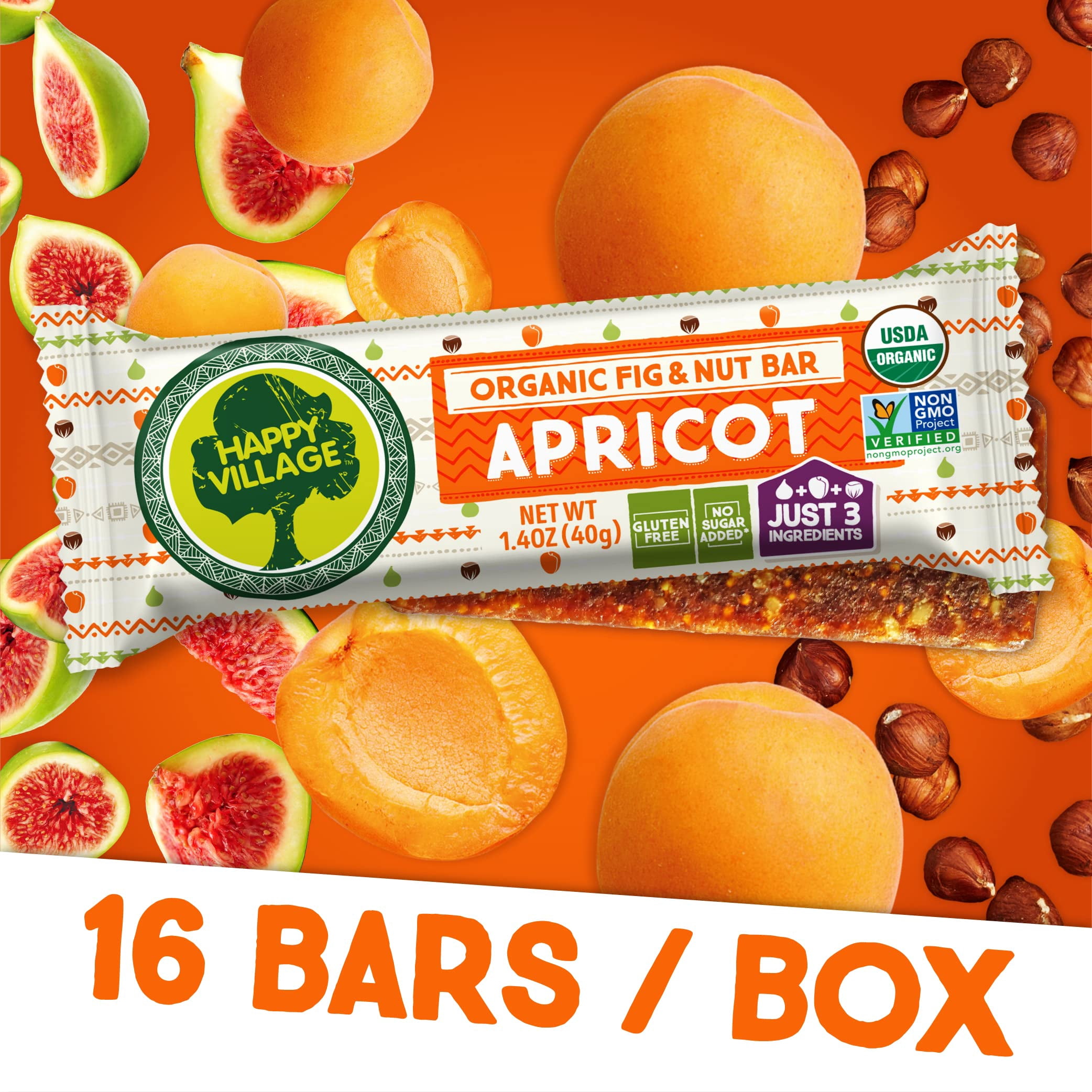 Happy Village Organic Fig & Nut Bar, Apricot – 3 Ingredients, Gluten-Free, No Sugar Added, Vegan, Kosher, Non-GMO – 16 x 1.4 oz, Resealable pack