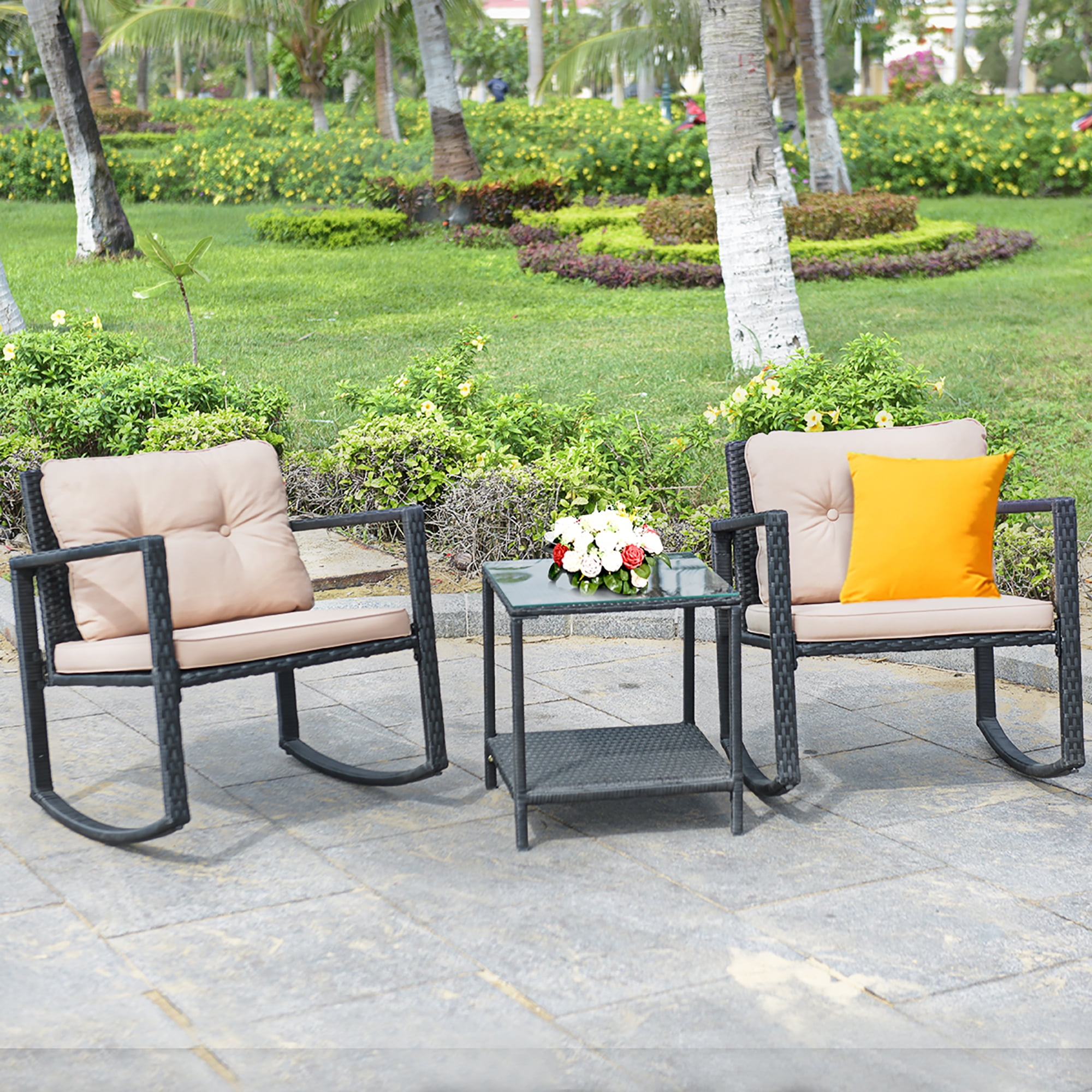 Costway 3pc Patio Rattan Conversation Set Rocking Chair Cushioned Sofa Outdoor Furniture Com Costway 3pc Patio Rattan Conversation, Rattaner Outdoor 3 Piece Wicker Rocking Chair Set