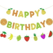 Tropical Fruit Happy Birthday Banner, Tropical Birthday Party Decorations, Glitter Summer Fruit Garland Birthday Decoration, Hawaiian Theme Birthday Summer Party Hawaiian Luau Party Supplies