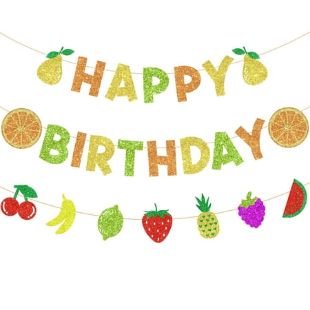 Tropical Fruit Happy Birthday Banner, Tropical Birthday Party Decorations, Glitter Summer Fruit Garland Birthday Decoration, Hawaiian Theme Birthday Summer Party Hawaiian Luau Party Supplies