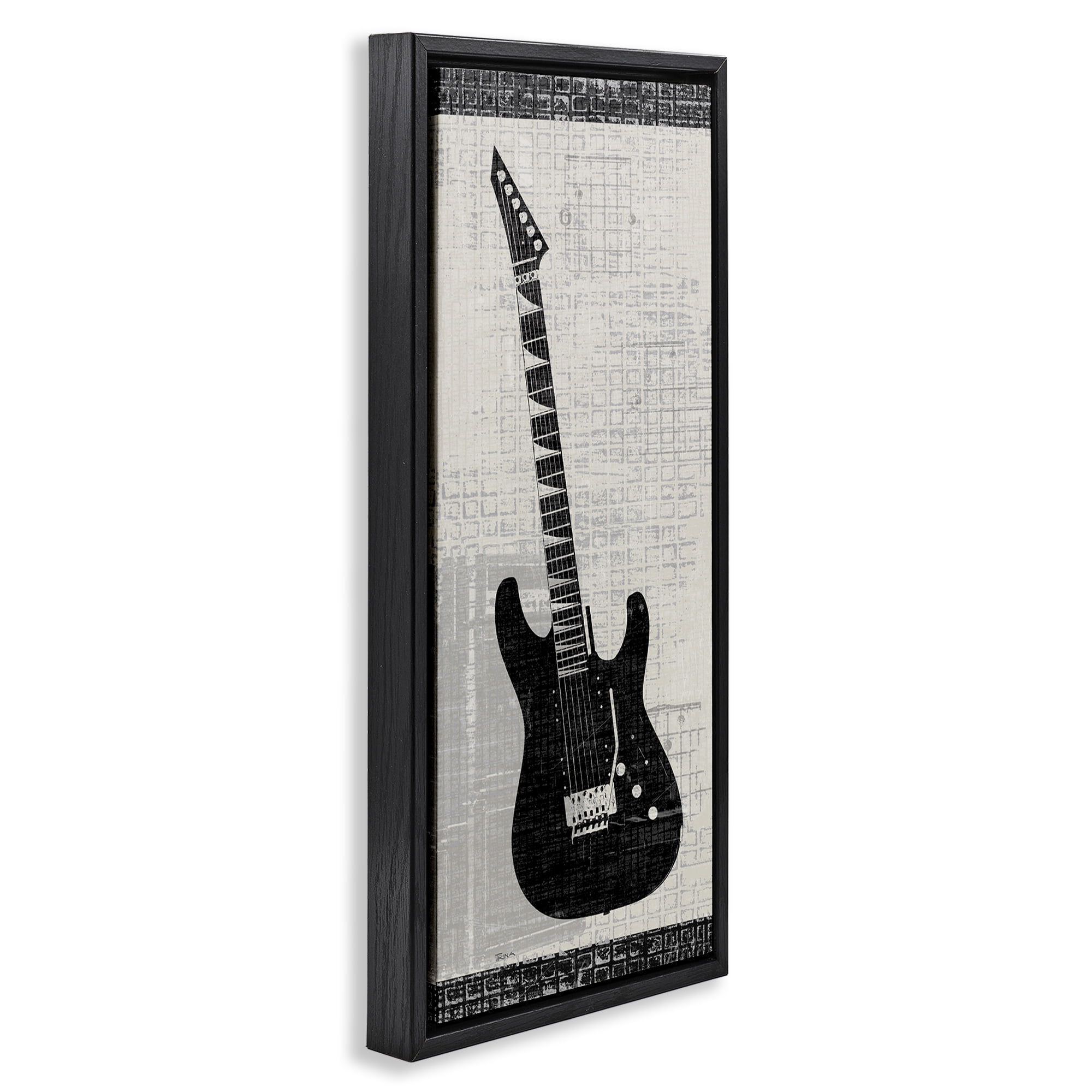 Stupell Industries Patterned Electric Guitar Performing Arts Painting Black Floater Framed Art Print Wall Art, 15 x 31