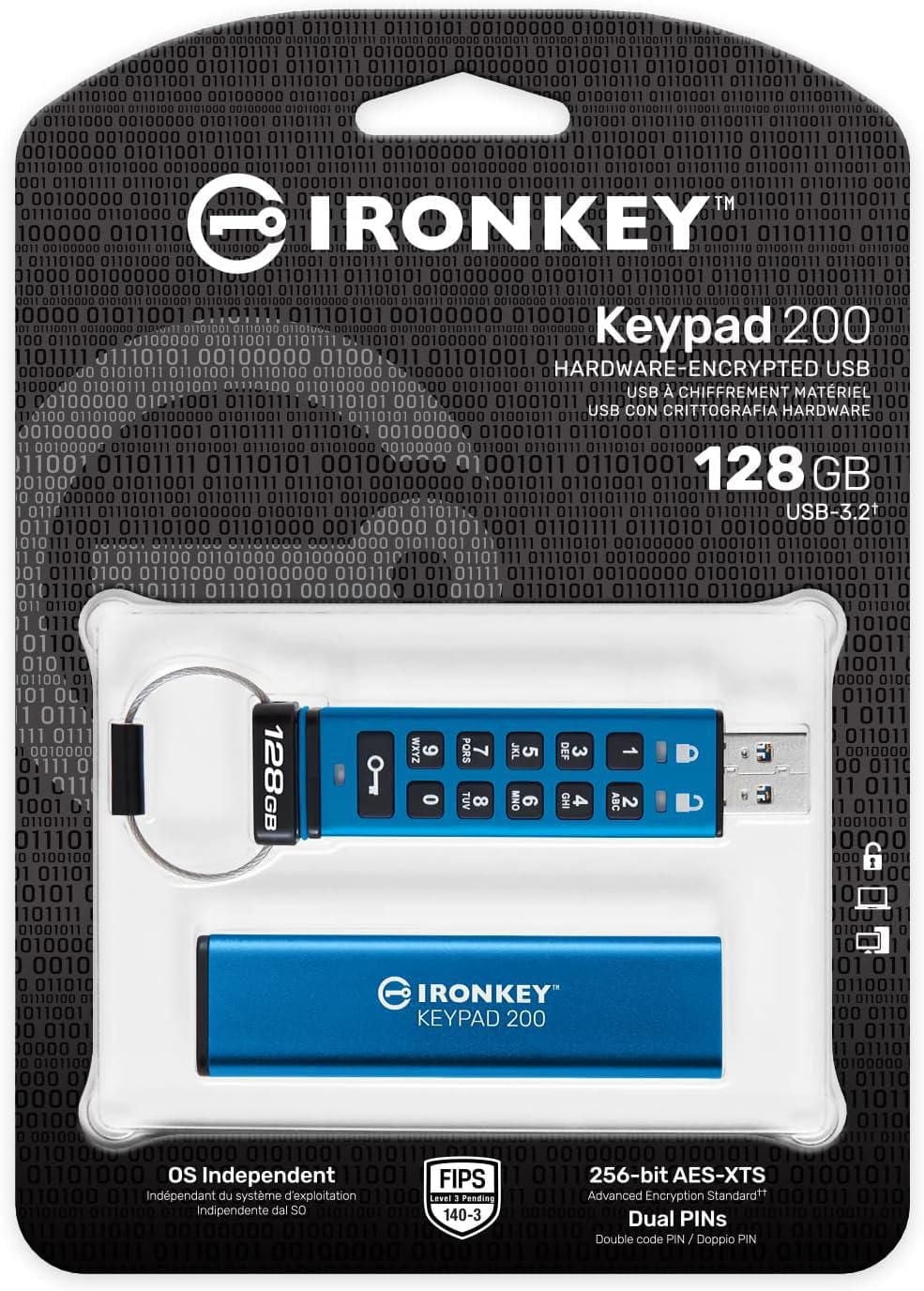 Kingston Ironkey Keypad 200 128GB Encrypted USB | Alphanumeric Keypad | Multi-Pin Access | XTS-AES 256-bit | FIPS 140-3 Level 3 Certified | Brute Force & BadUSB Protection | IKKP200/128GB