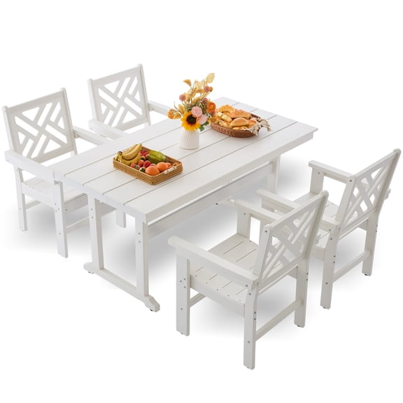 HDPE Dining Table Set for 4,5-Piece Outdoor Table and Chairs Include 4 Dining Chairs and 62.5" Patio Dining Table with Umbrella Hole (White)