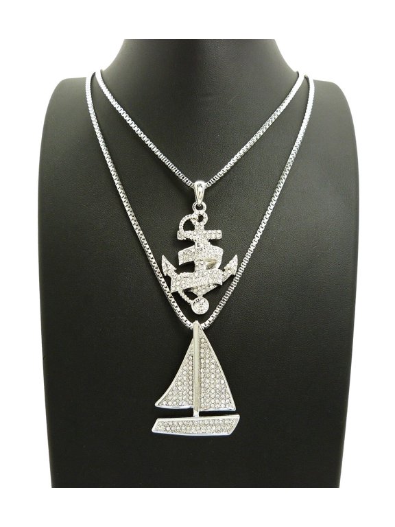 Hip Hop Yacht & Sailing Team Bling Pendant & 20" - 24" Box Chain 2 Silver Plated Necklace Set