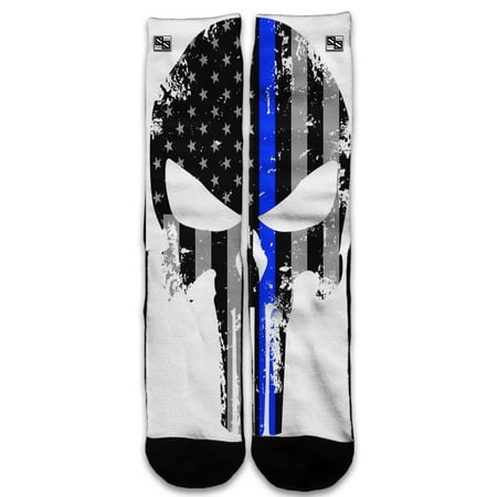- Custom Elite Style Athletic Sport Socks Crew 18 Inch / Police Thin Blue Line Punisher Skull