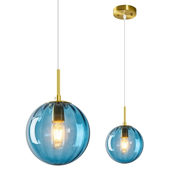 Deyidn Modern 7.87" Gold Pendant Light with Blue Glass Shade, Adjustable Height, Single-Light