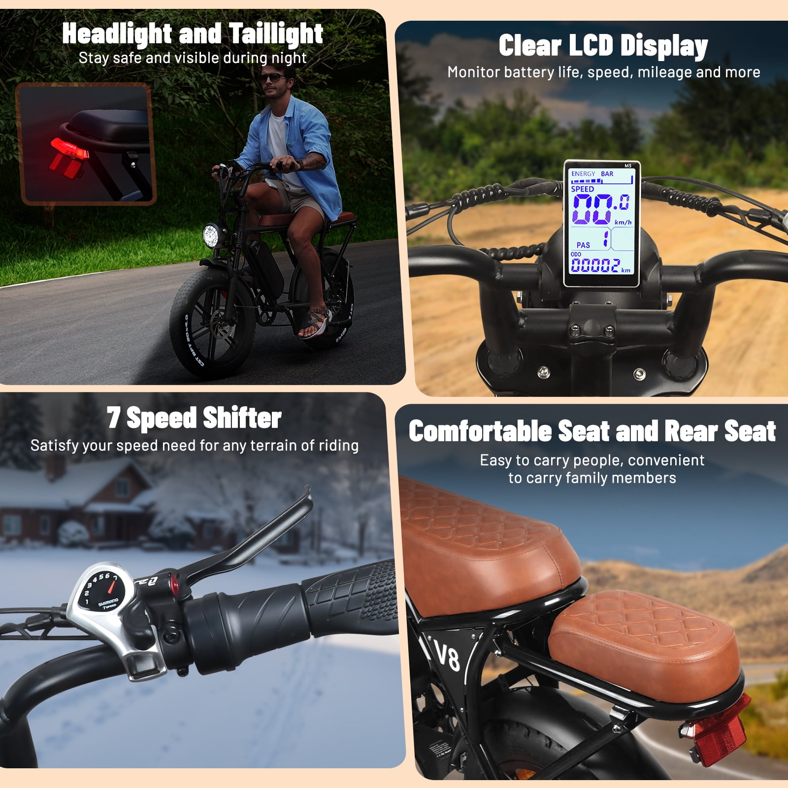 OUXI V8 Electric Bike for Adults, 1000W Peak Motor Mountain Bike with 48V 15.6Ah Battery, Max 31MPH, 20x4.0 Fat Tire Ebike, Dual Disc Brakes & Front Suspension, Shimano 7-Speed E-bike UL2849