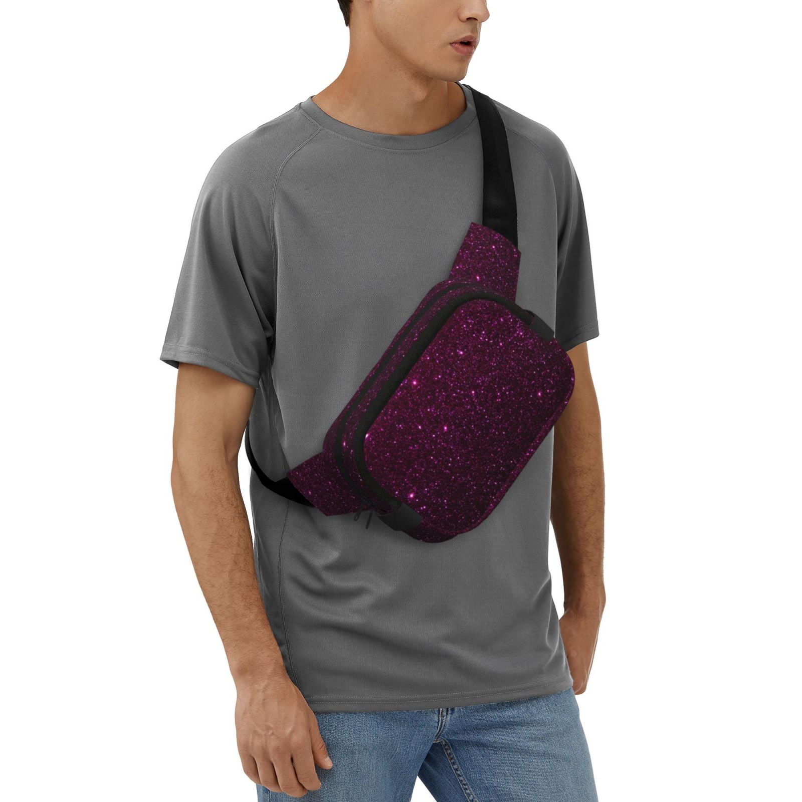 Picia Dark Purple Glitter Print Square Double-Layer Waist Bag Mini Adjustable Waist Belt Bag Exercise Running Travel Hiking