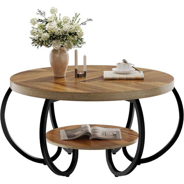 Round Coffee Table, 2 Tier Coffee Table for Living Room, Circle Wood Accent Center Tables with Open Storage Industrial Design