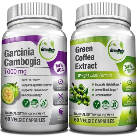 Pure Green Coffee Bean Extract + Pure Garcinia Cambogia Extract - Weight Loss Bundle - 120 Veggie Capsules - Gluten Free - Non