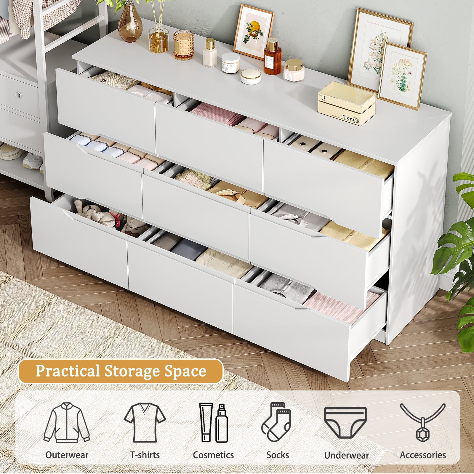 60.3 Inch Wide Modern White 9-Drawer Dresser, Spacious Storage Chest for Bedroom
