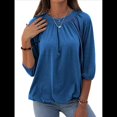 thumbnail image 2 of Camiseta de Cuello Redondo para Mujer, Blusa de Algodón de Media , Mangas 3/4, Informal, Holgada, Plisada, Básica. Azul L, 2 of 7