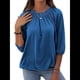 thumbnail image 2 of Camiseta de Cuello Redondo para Mujer, Blusa de Algodón de Media , Mangas 3/4, Informal, Holgada, Plisada, Básica. Azul S, 2 of 7