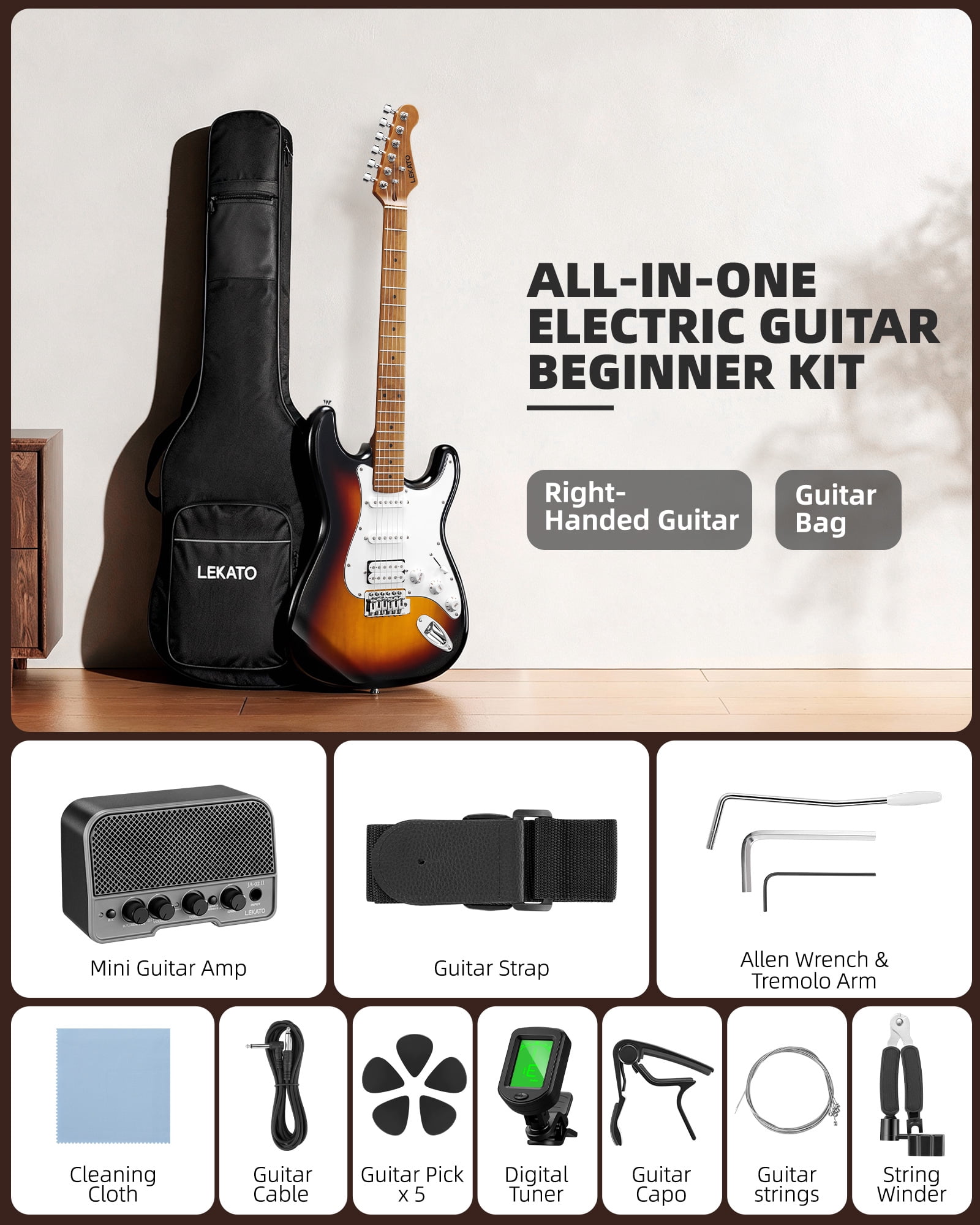 LEKATO 39-inch Electric Guitar Kit for Beginner Roasted Maple Neck & Fingerboard Stainless Steel Rounded Head Frets with Amplifier, Bag, Capo, Strap, String, Tuner, Cable, Picks