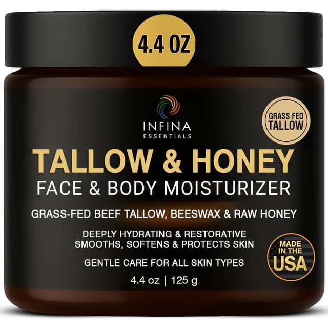 Infina Essentials Sebo de Res con Miel - Sebo de Res Alimentado con Pasto para Arrugas Faciales - Crema Hidratante Facial y Corporal con Miel Cruda y Aceite de Oliva para Piel Seca, Manos y Pies - 127