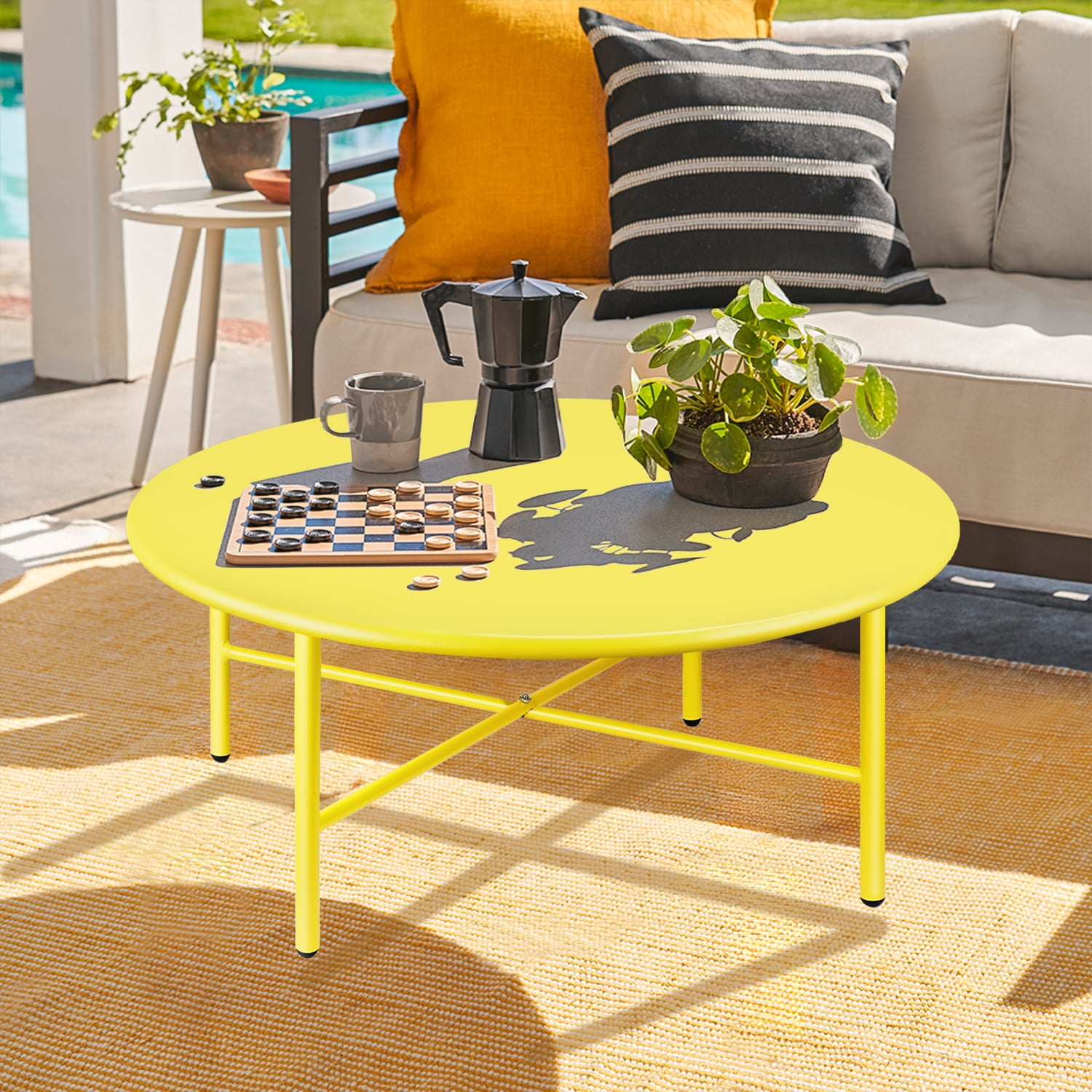 CERBIOR Patio Round Steel Coffee Table, Weather Resistant Anti-Rust and Waterproof Indoor and Outdoor Large Side Table, for Garden Living Room Bedroom Balcony（Lemon Yellow）