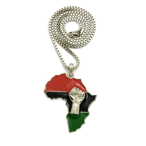 Power Fist on Pan Africa Continent Pendant with 3mm 30" Box Chain Necklace, Silver-Tone