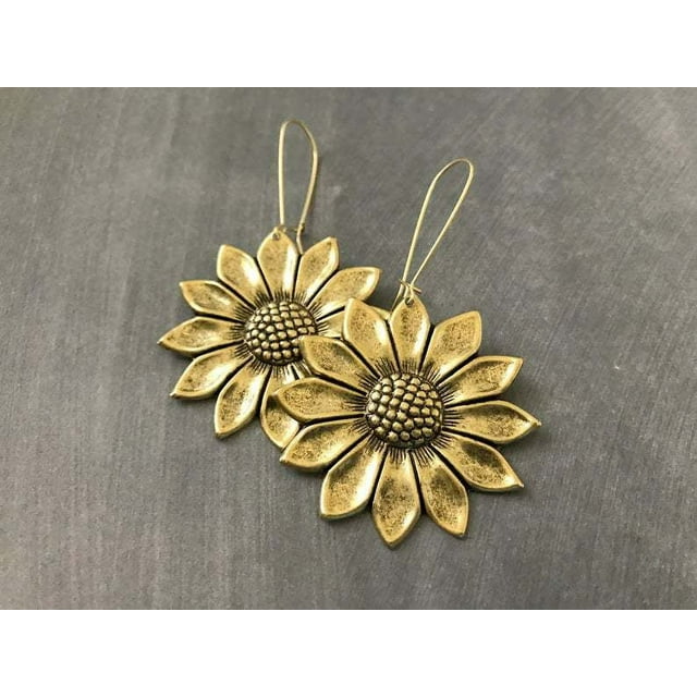 Xiao Hua Pendiente vintage de margarita con forma de flor de girasol dorada retro, pendiente de piedra roja a la moda, joyería para mujer dorada