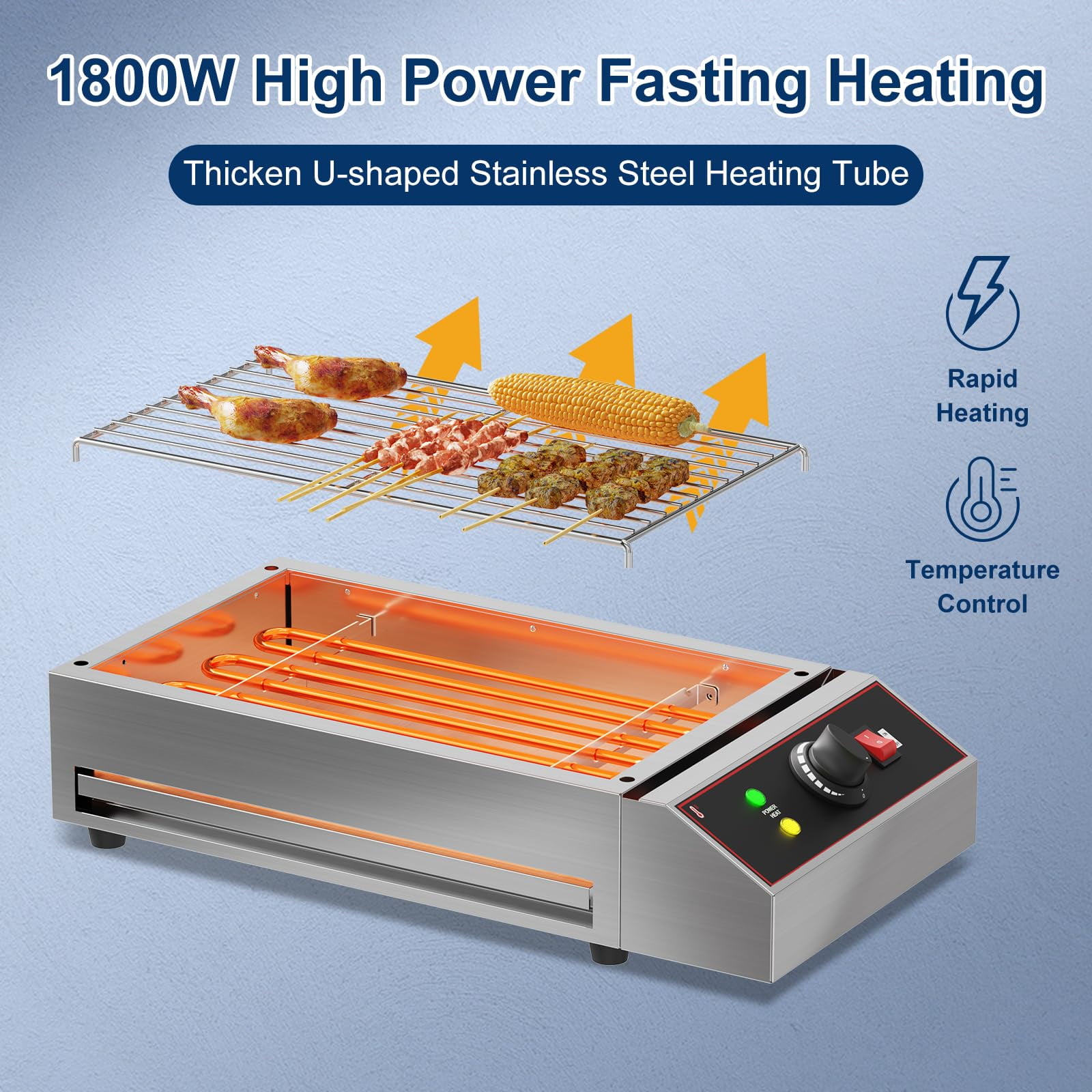 1800W Electric Indoor Grill - Portable Smokeless BBQ Countertop Grill with Removable Griddle, Stainless Steel for Home, Camping, Parties & Picnics