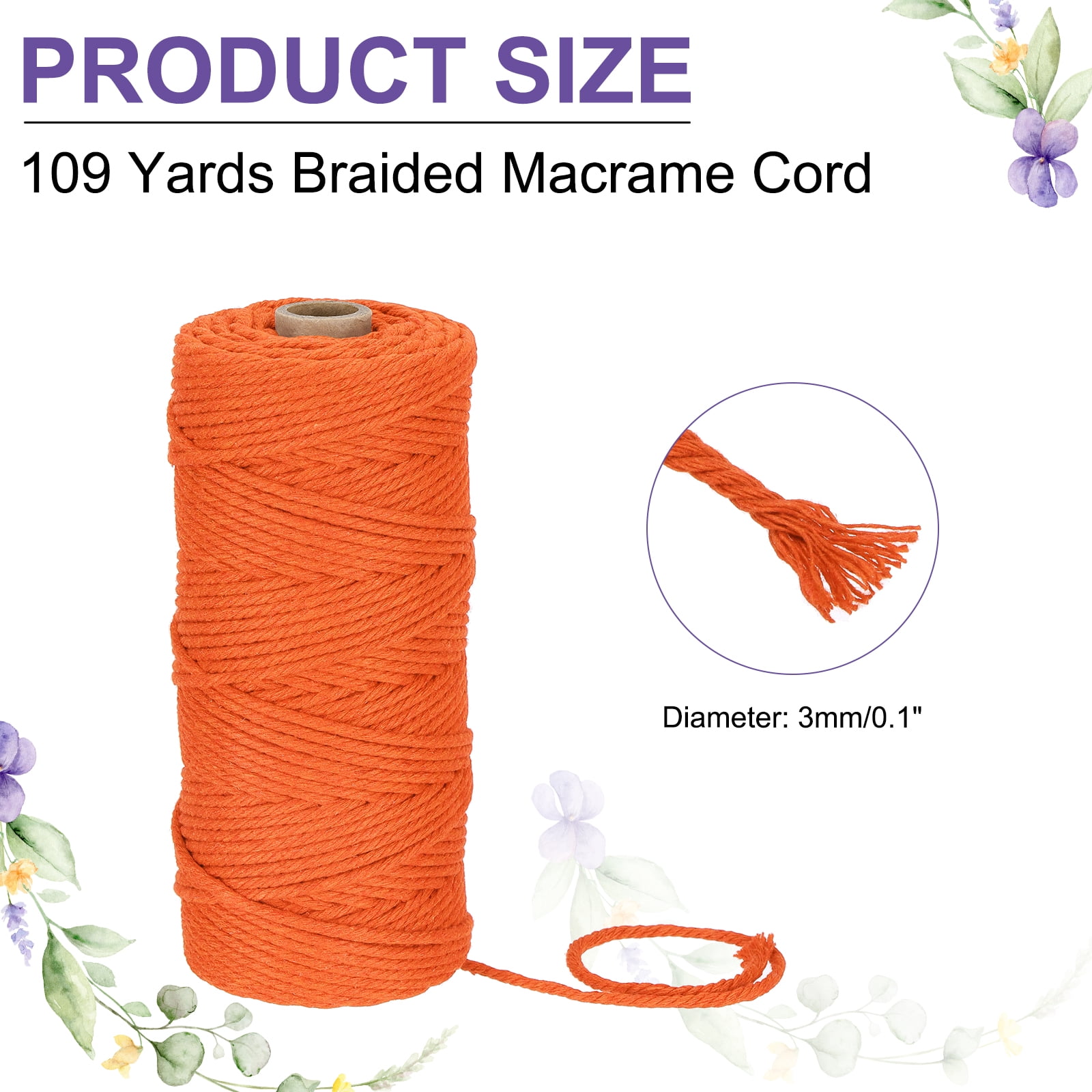 Braided Macrame Cord, 3mm x 109 Yards Natural Cotton Rope Macrame Yarn Bohemia Craft String with Scissors(Orange)