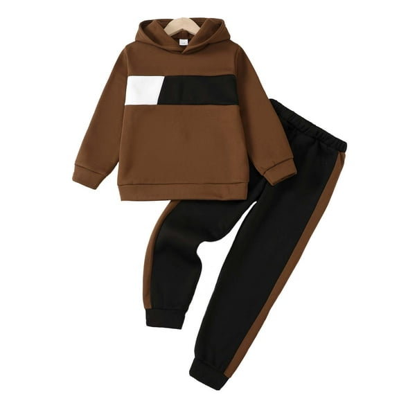KIMI BEAR 7 Years Big Boys Outfits 8 Years Big Boys Winter Clothes Sets 2PCs Long Sleeves Pullover Hoodie Sweatshirt Color Block Hooded Top Sweatpants Warm Clothing Sets Brown
