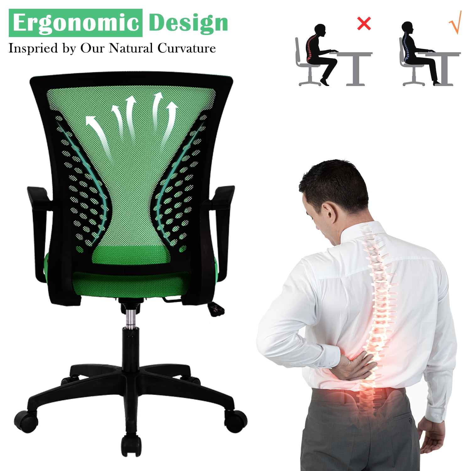 Home Office Chair Mesh Desk Chair w/Comfortable Seat Lumbar Support, Adjustable Mid Back Computer Chair Rolling Swivel Chair for Women Adult, Green