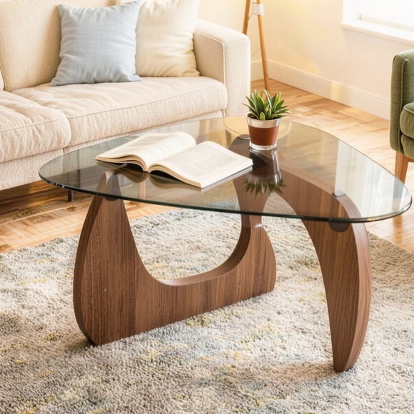 31.5 Inch Coffee Table for Living Room, Mid Century Modern Center Table with Clear Glass Top and Walnut Wood Base, Transparent/Walnut