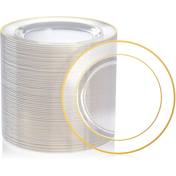 FOCUSLINE 7 Inch Small Clear Gold Plastic Plates 100 Count, Disposable Heavy Duty Clear Plates with Gold Rim, Premium Hard Plastic Plate Fancy Disposable Salad Plate for Wedding Parties