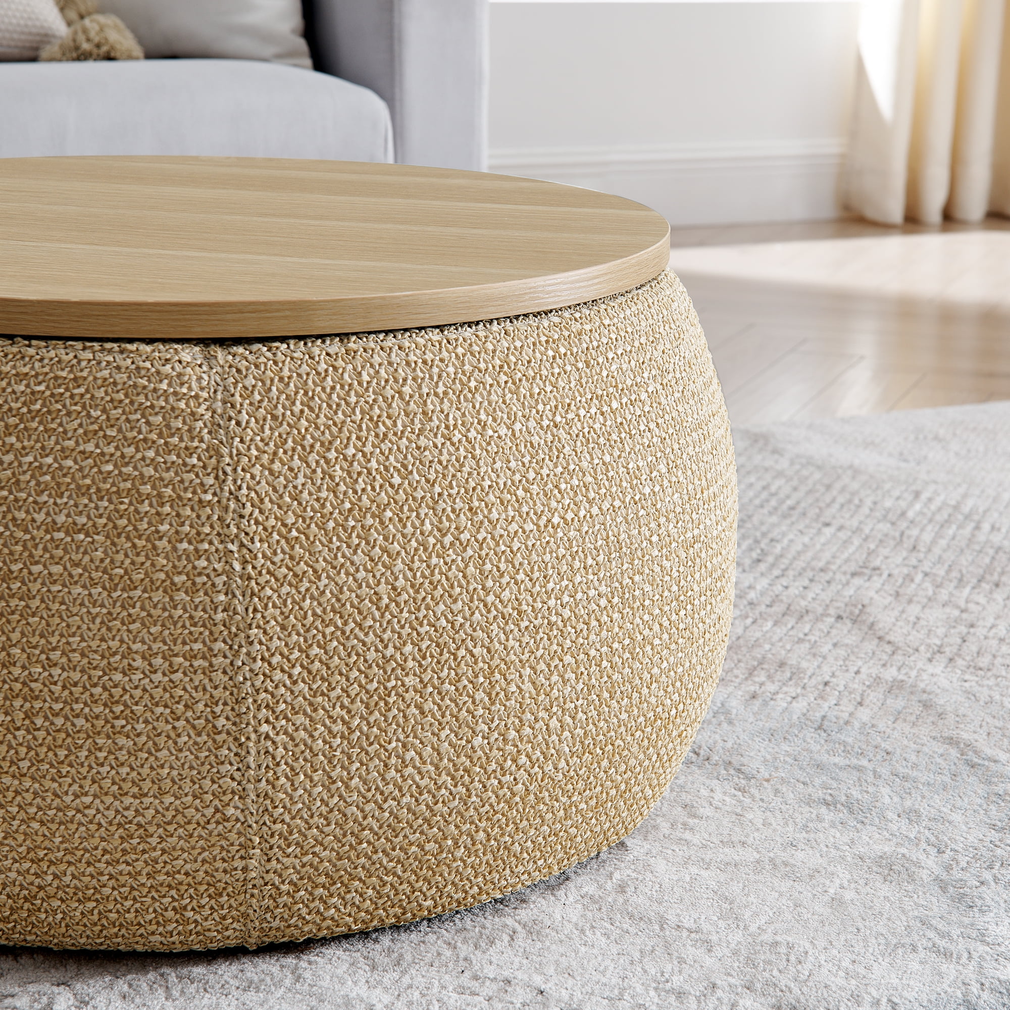 Round Storage Ottoman,Woven Rattan Fabric Ottoman,2 In 1