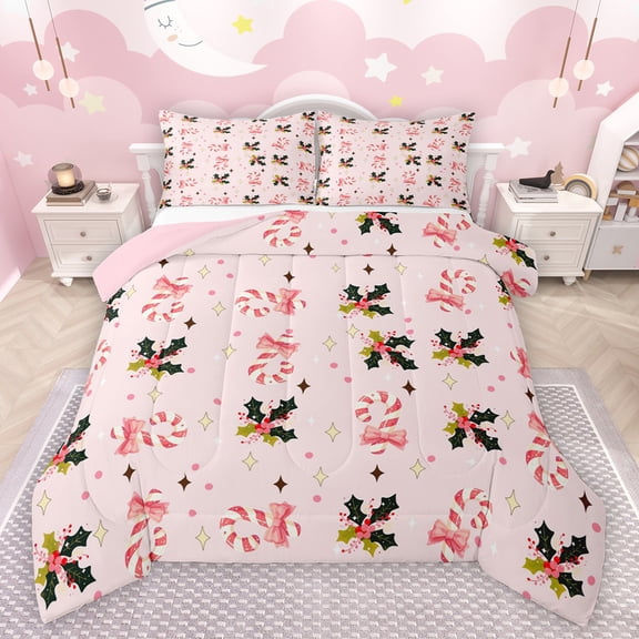 Feelyou Pink Candy Cane Bedding Comforter Set for Girl, Kawaii Princess Ribbon Twin Comforter Sets, Christmas Flower Reversible Bedding Set, Lightweight Room Decor, 2-Piece