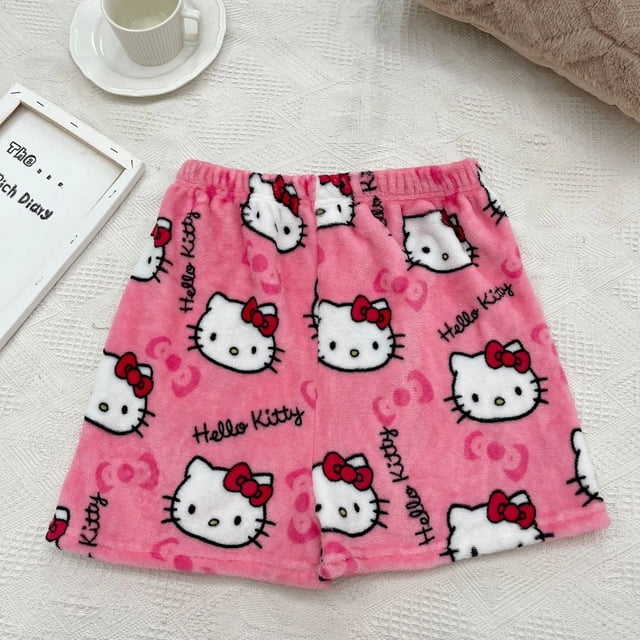 Sanrio-pantalones cortos de pijama de lana de Hello Kitty para mujer, shorts suaves informales para el hogar, Kawaii, Anime, dibujos animados, regalo de cumpleaños
