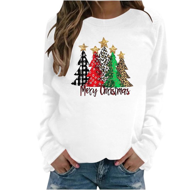 lcziwo Chandails de Noël pour Femmes Mignons T-Shirts à Imprimé d'Arbre de Noël Hauts Manches Longues Col Rond Automne Chandail Léger à Enfiler Cadeau de Noël Blanc,G