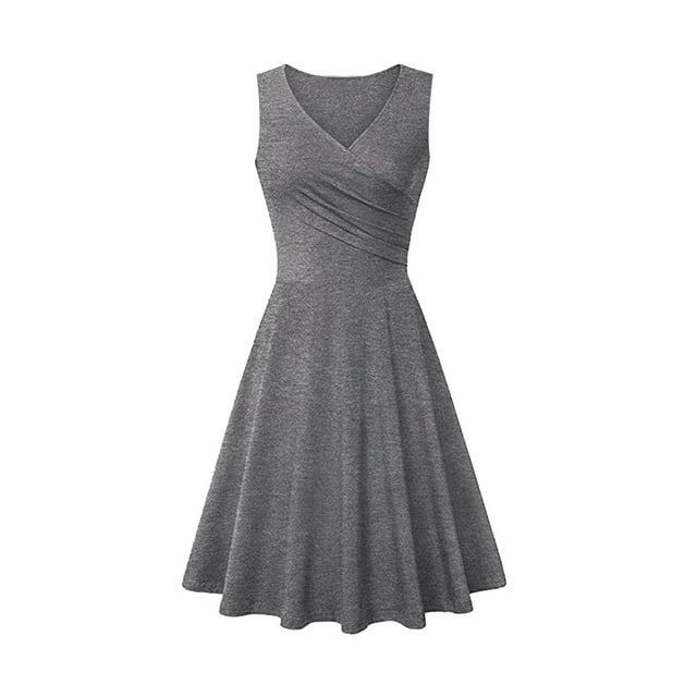 WTXUE Robes Chemises, Robes Chemises Sans Manches pour Thé à Col en V, Robe Décontractée pour Femmes Robe T-Shirt Ajustée Robe Évasée Robe Unie Froncée Robe Unie Mi-Longue pour Femmes, Gris Taille M