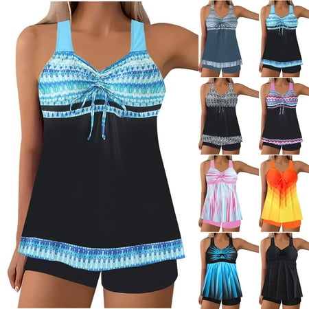 NXMZXB Plus Size Tankini Swimsuits for Women Sexy Ruched Front Bowknot Tummy Control Swim Tops with Boyshorts Two Piece Bathing Suits Athletic Swimwear(Black L)