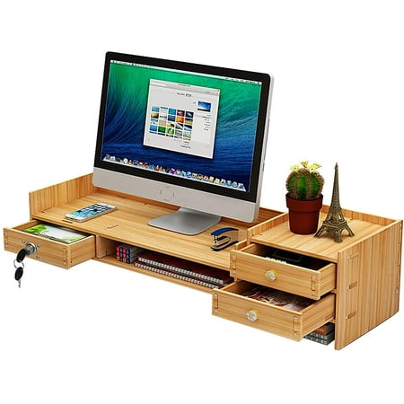 Computer Monitor Desktop Stand Wood Laptop Organizer Office Supplies Storage Rack with Drawer (Z04-S Burlywood)
