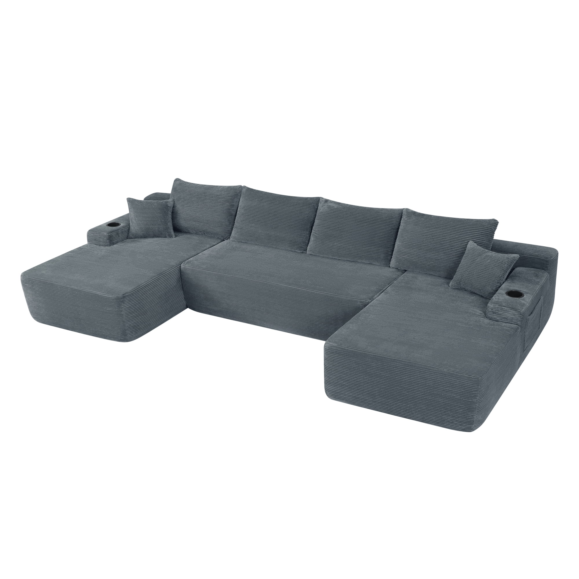 U-Shaped Sectional Sofa with Chaise and Cup Holders, 126'' Modular Sofa Couch with Side Pockets, Modern Upholstered Couch for Living Room, No Assembly Required