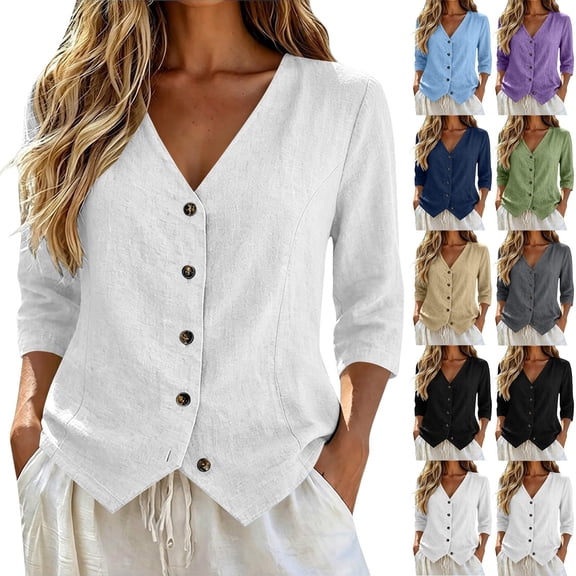 Cotton Linen Tops for Women Short Sleeve Button Down Shirts V Neck Vest Blouses Summer Casual Lightweight Outfits 2026