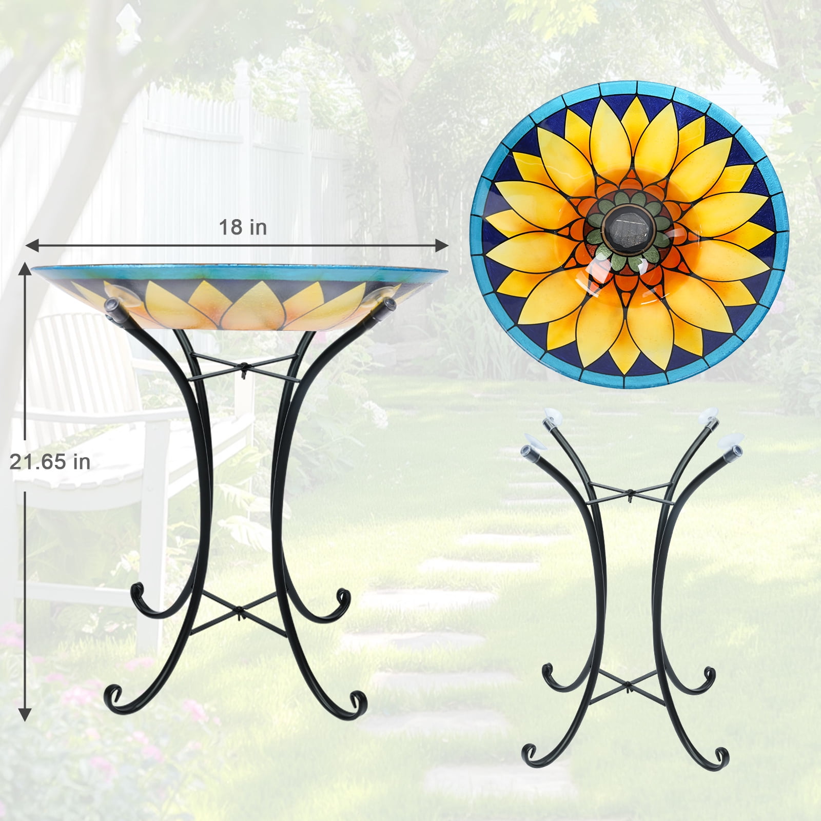 Outdoor Bird Bath, Large Glass Bird Baths Bowl with Metal Stand, Solar Sunflower Birdbaths for Outside Garden Lawn Yard Decor, 18”Dia 21.65”Height