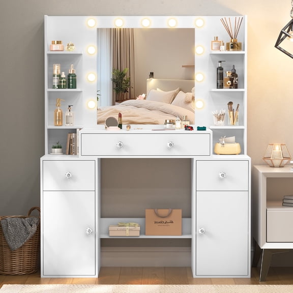 Teousev Vanity Desk with Mirror & Lights, Large Makeup Vanity Table, 3 Drawers & 2 Cabinets, Modern White Vanity for Women