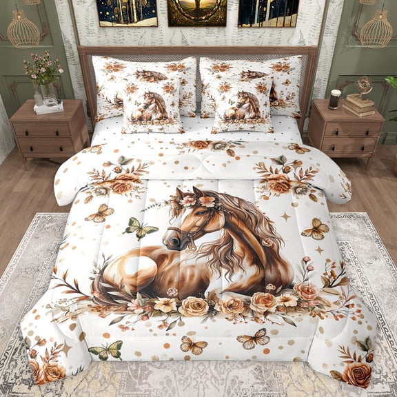 Castle Fairy Female Men Women Farmhouse Animal Horse Twin Bedding Sets 7-Piece,Chic Floral Flowers Rose Bedding Comforter Set Microfiber,Vintage Flying Butterflies Breathable Sheet Sets